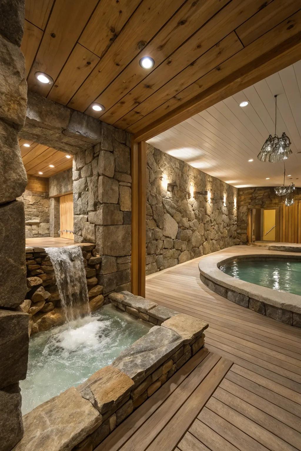 Natural elements bring harmony to your basement spa.