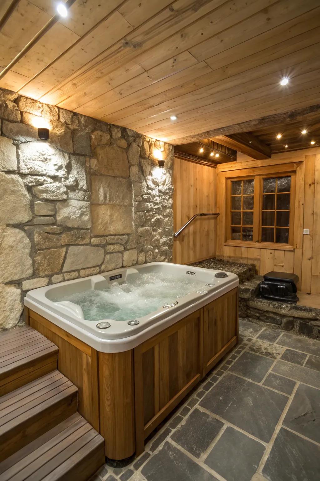 A hot tub adds a rustic charm to your basement spa.