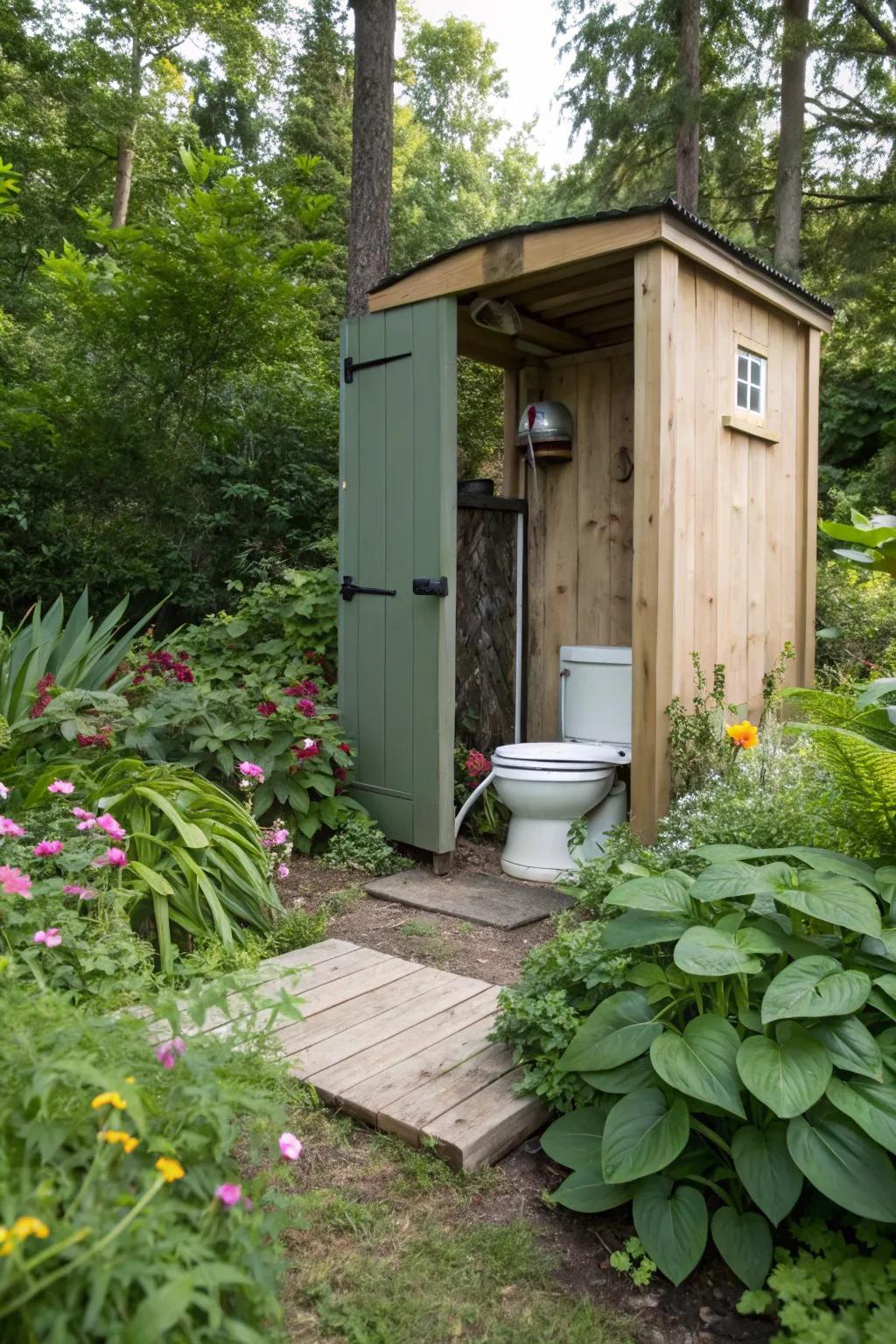 Eco-friendly composting toilet in a garden