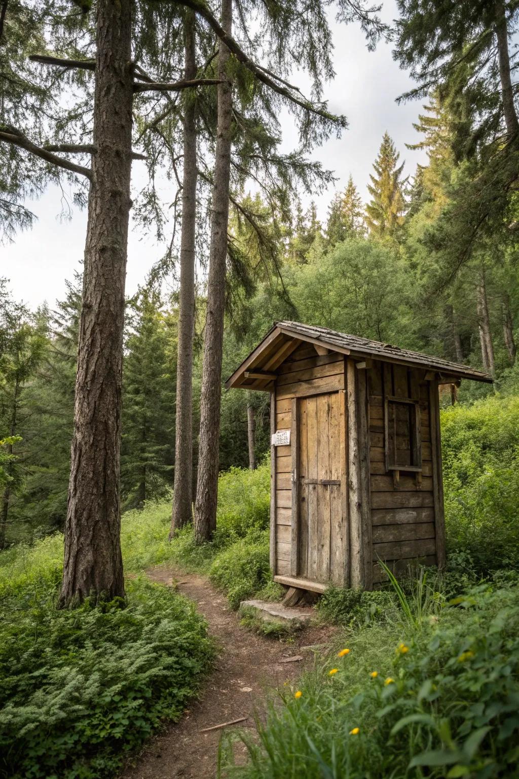 A rustic wooden cabin toilet nestled in nature