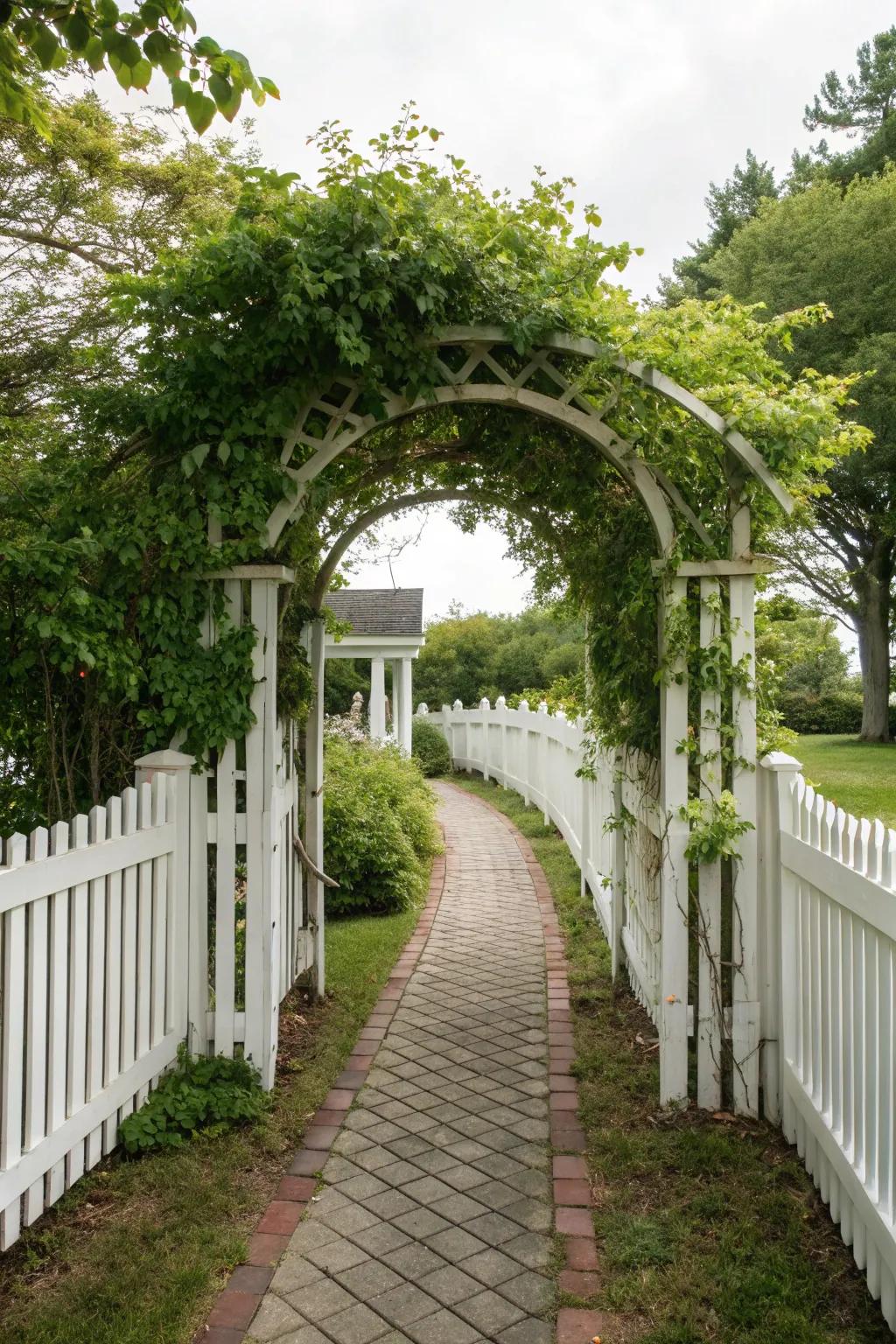 An arbor adds elegance and structure to a white picket fence.