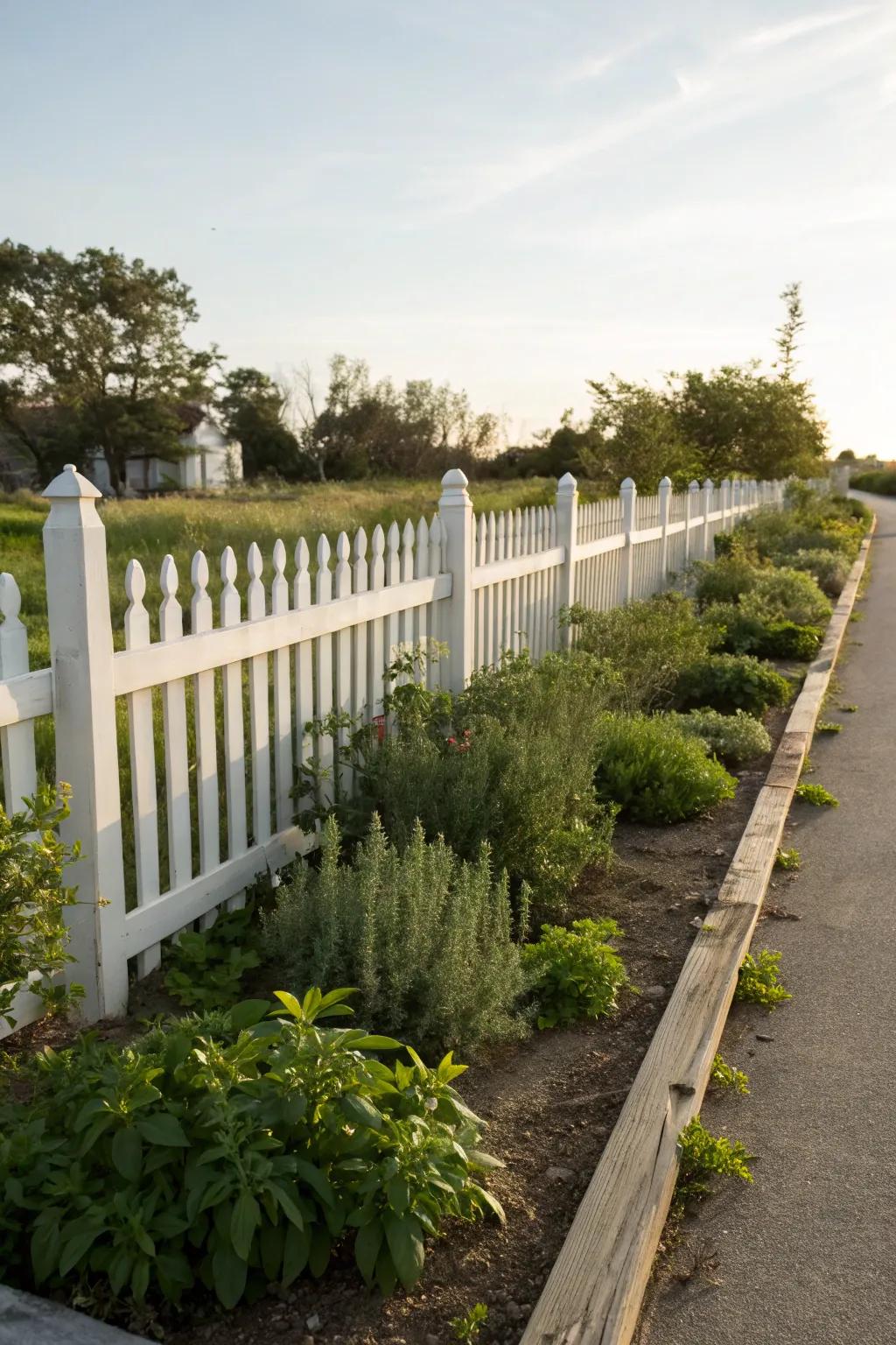 A herb garden along a white picket fence combines beauty with utility.
