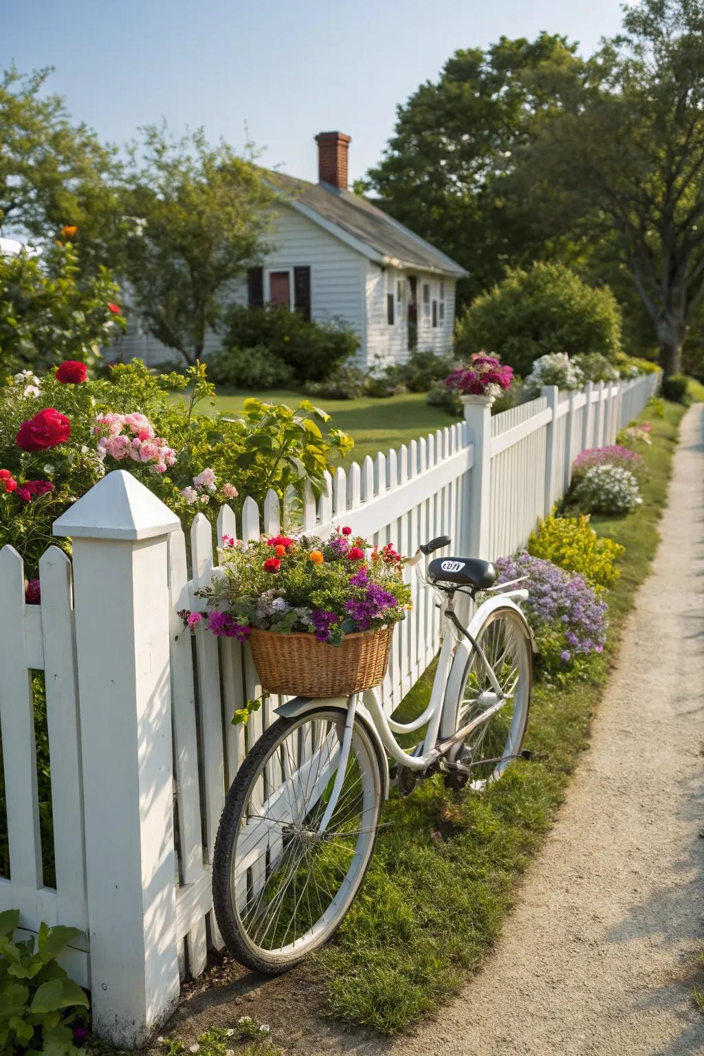 Vintage decor like an old bicycle adds character to a white picket fence.