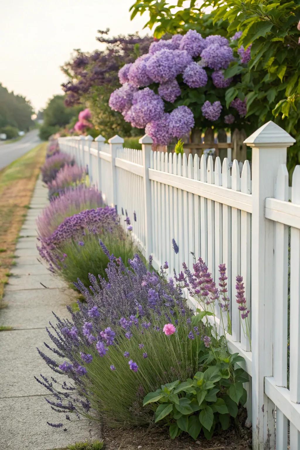 Perennials add lasting beauty and color to a white picket fence.