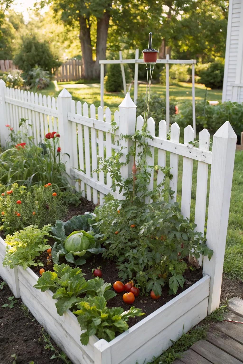 A vegetable patch within a white picket fence offers homegrown produce.