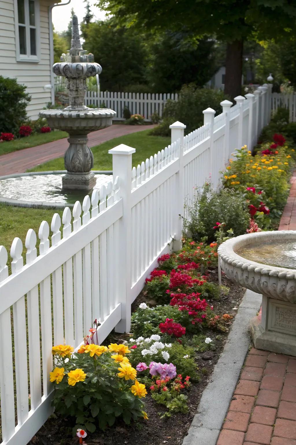 A water feature adds a tranquil element to a garden with a white picket fence.