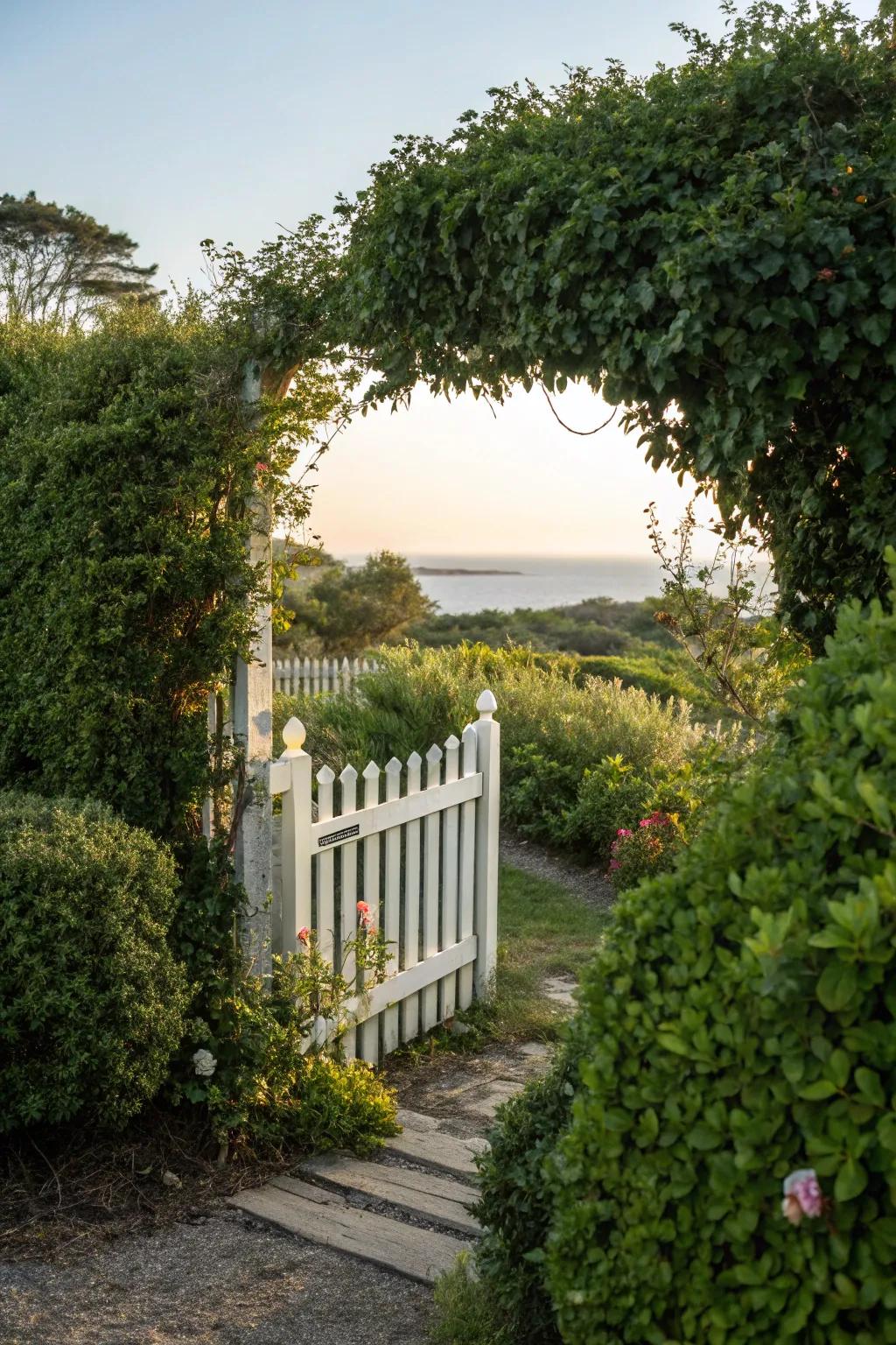 Framing with shrubbery adds depth and greenery to a white picket fence.