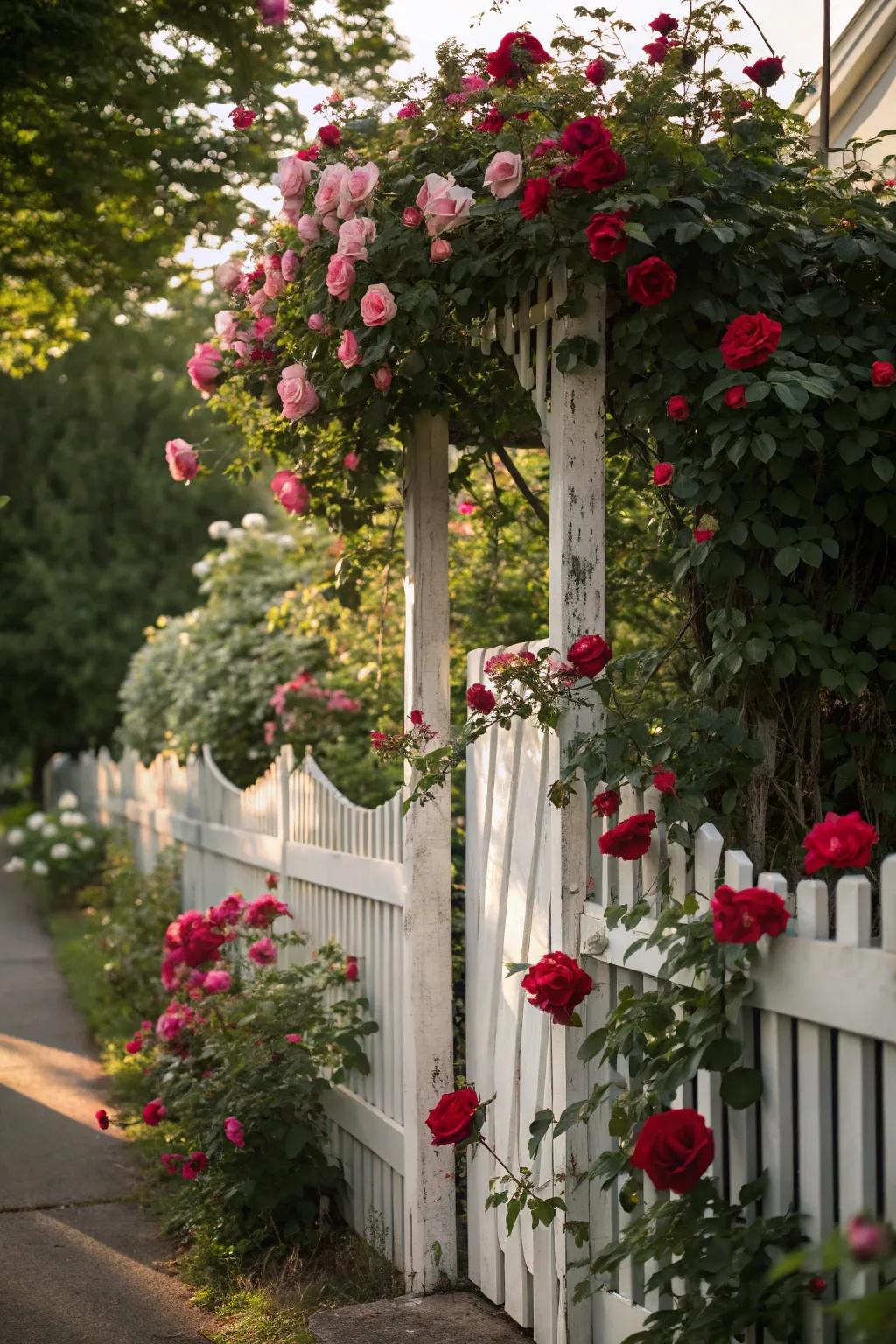 Climbing roses add a romantic touch to a classic white picket fence.