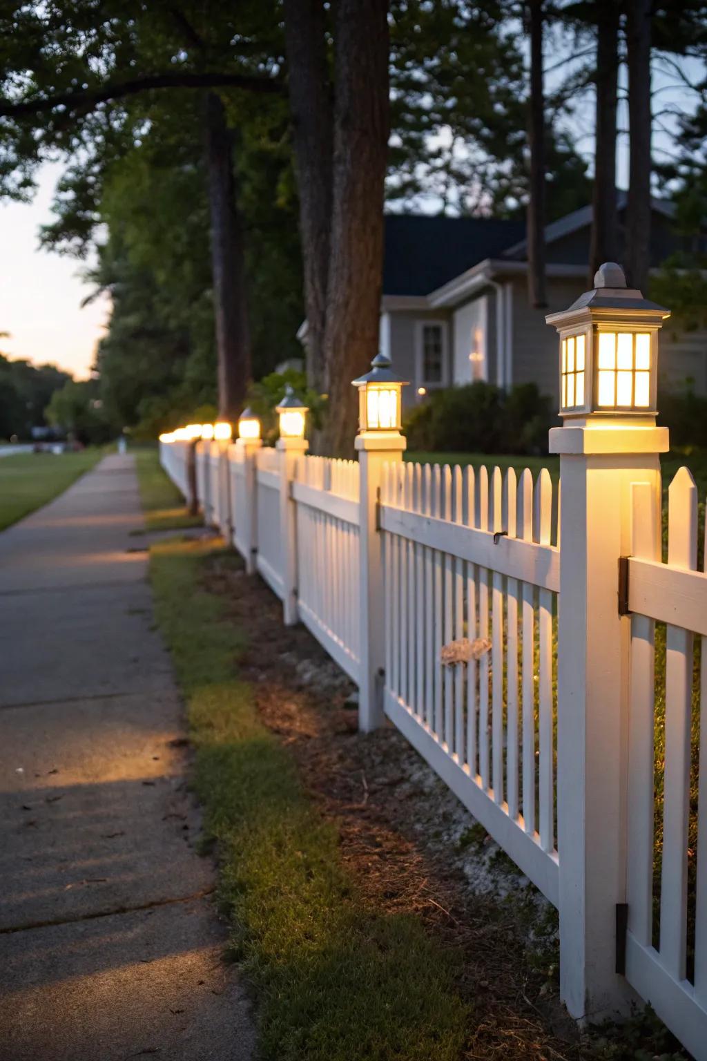 Solar lights add a warm glow to a white picket fence at night.