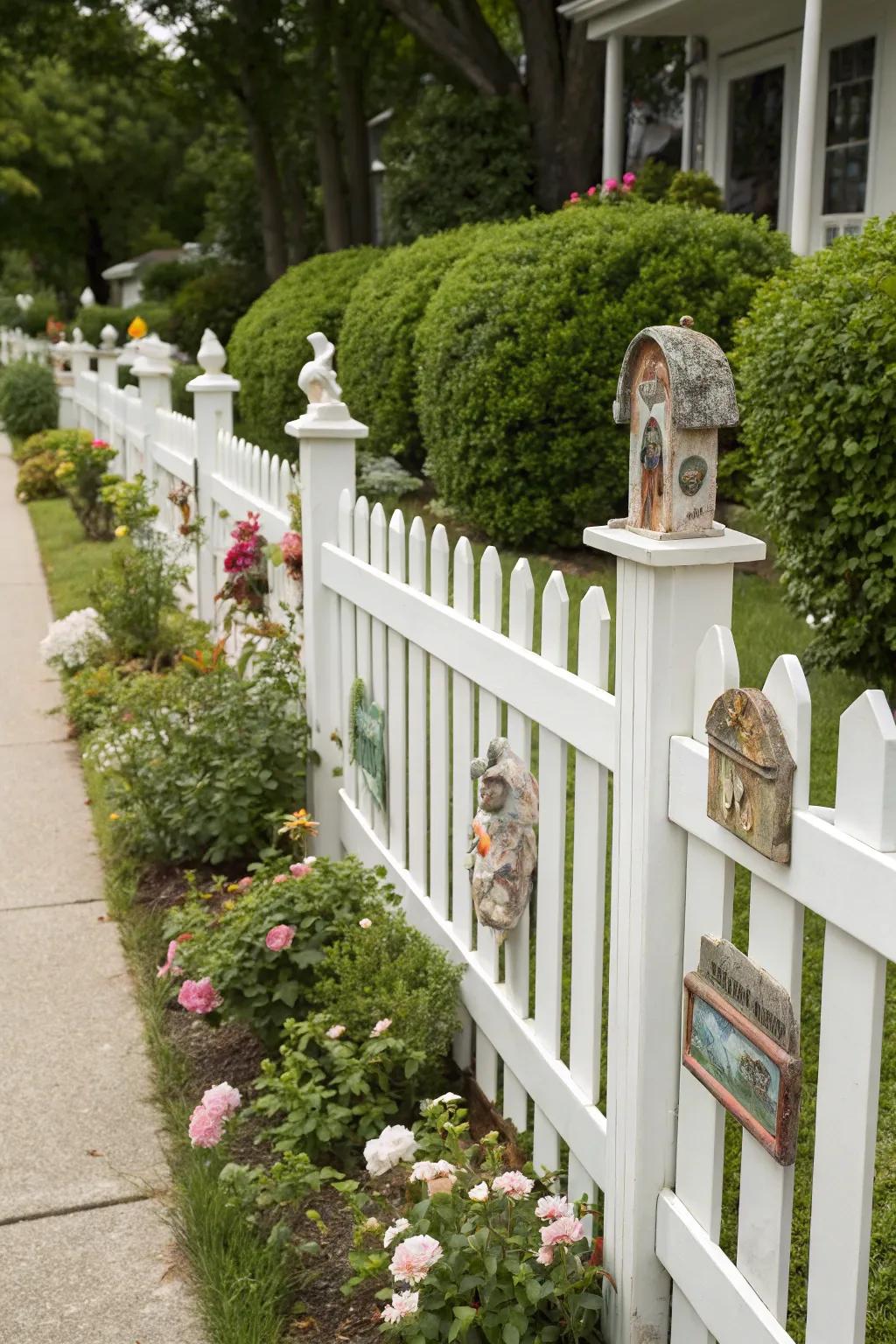 Art installations bring unique character and interest to a white picket fence.