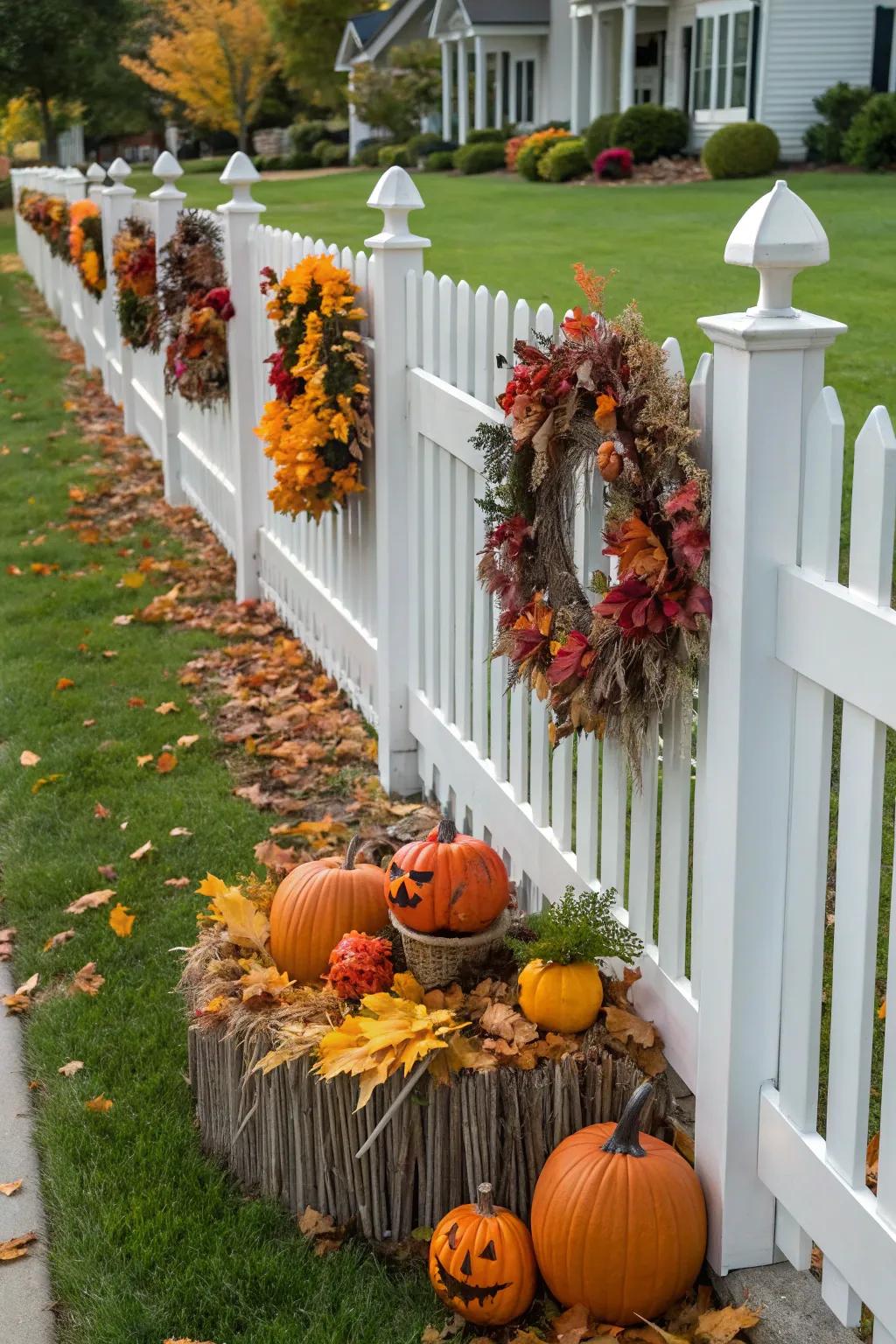 Seasonal decorations bring festive flair to a white picket fence.