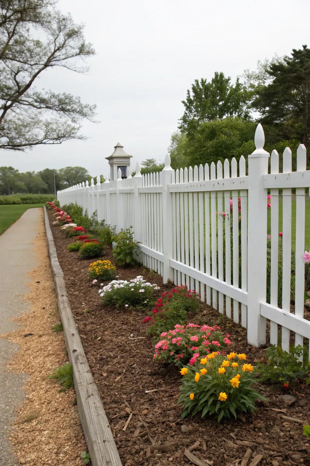 Mulch adds texture and neatness to a garden with a white picket fence.