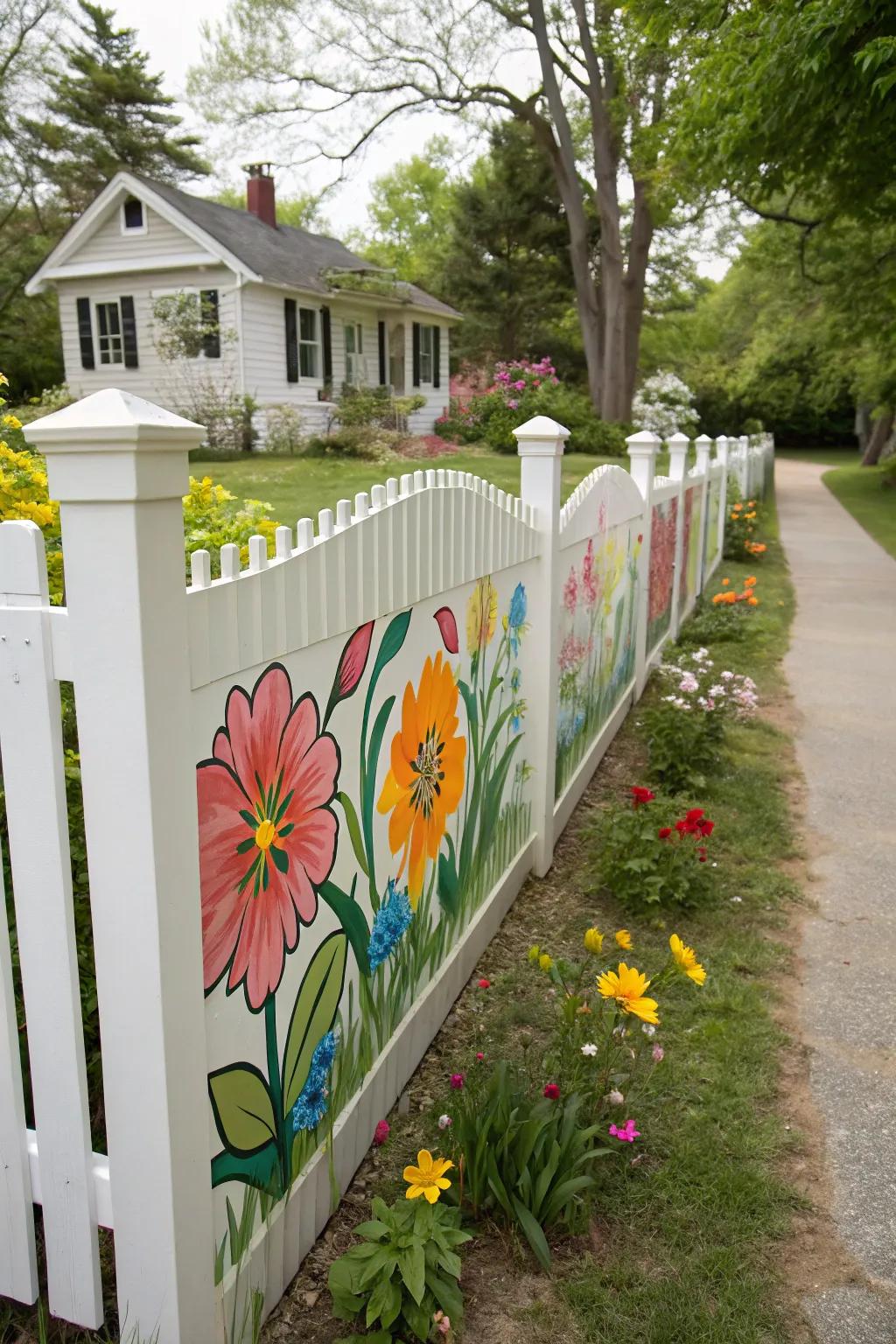 A painted mural adds a personal and artistic touch to a white picket fence.
