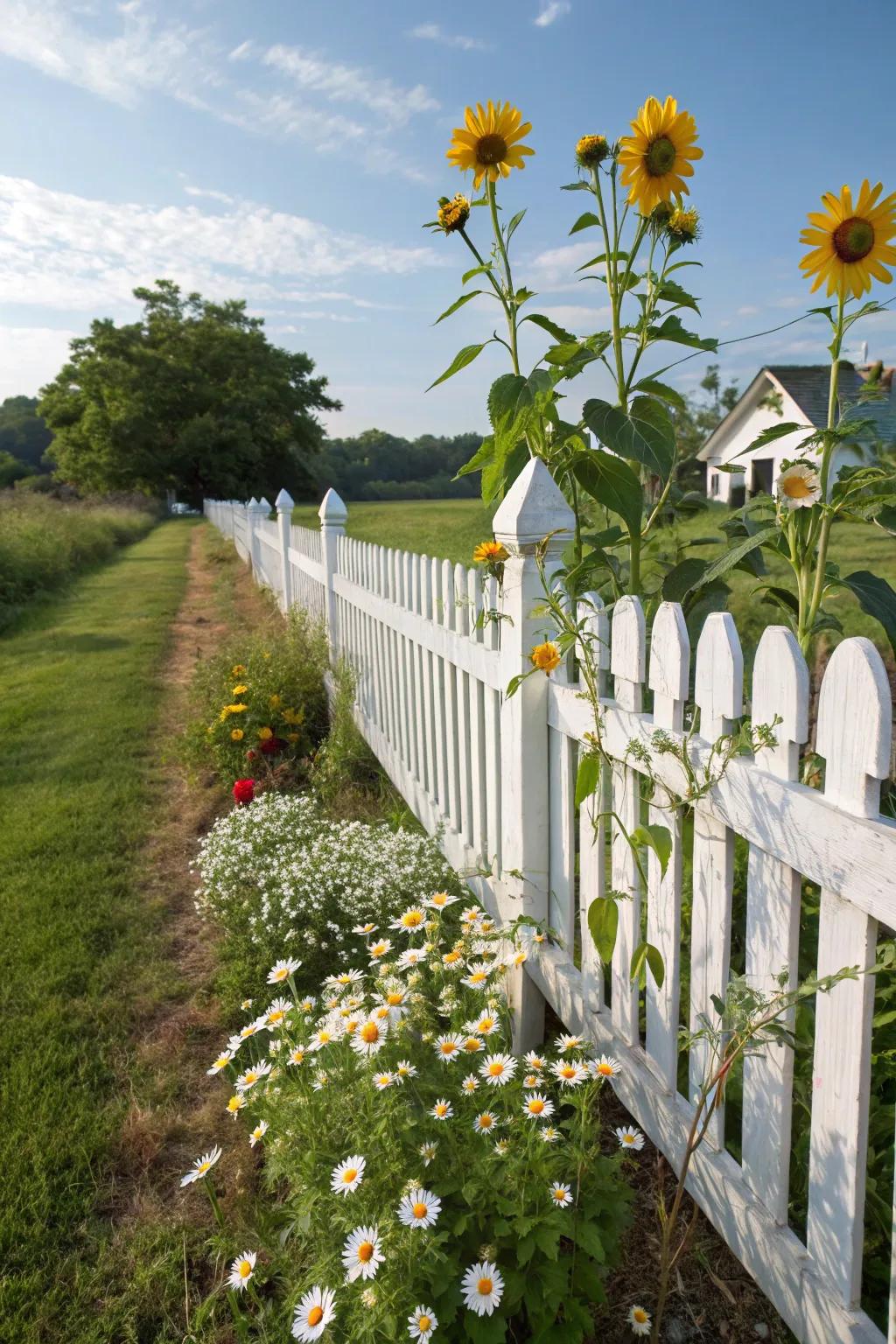 Mixing plant heights creates visual interest along a white picket fence.