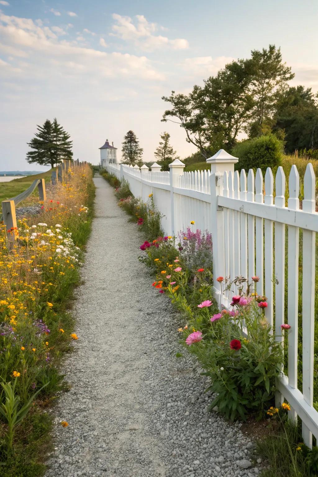 A gravel pathway adds rustic charm to a garden with a white picket fence.
