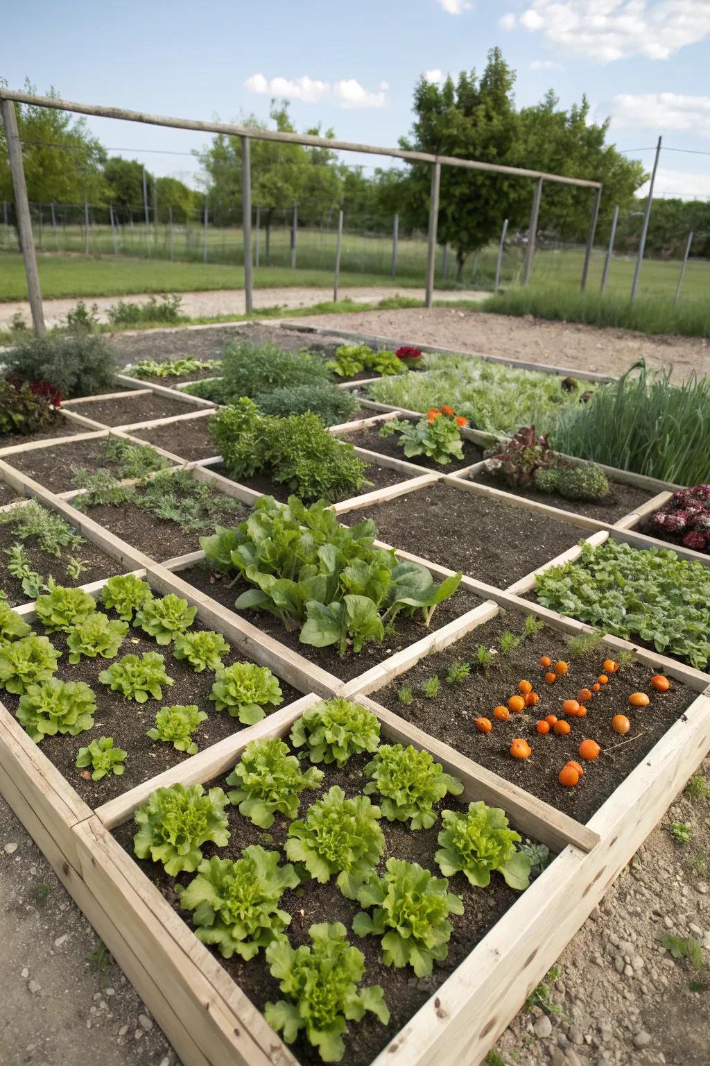 Square-foot gardening maximizes space and productivity.