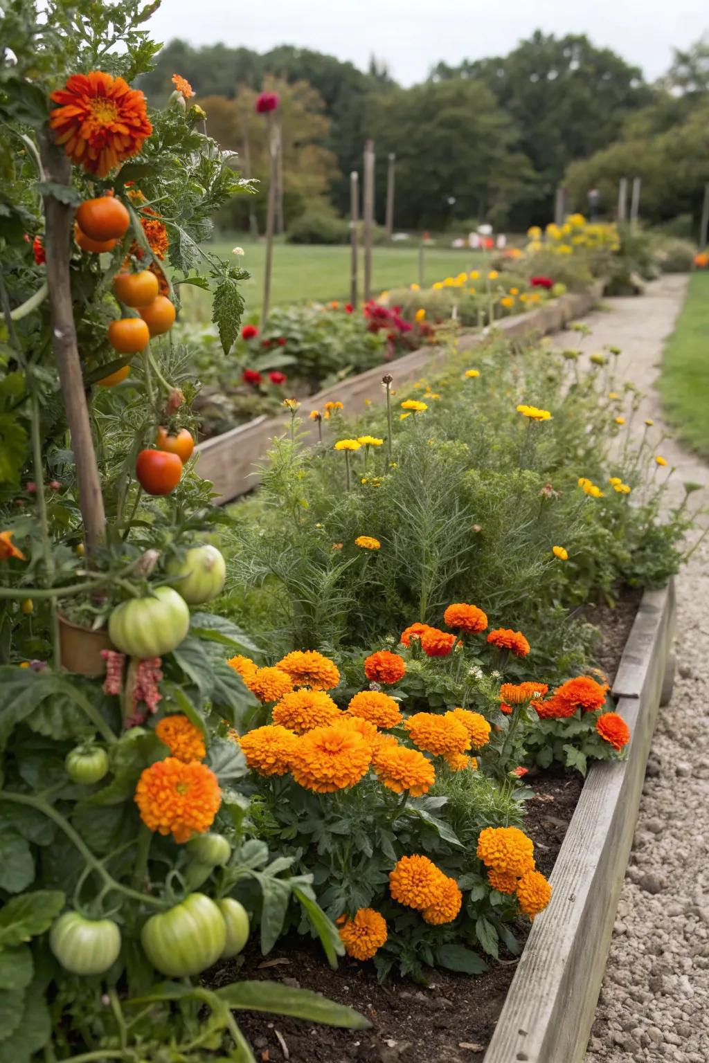 Vegetables and flowers make a perfect pair in this colorful garden.