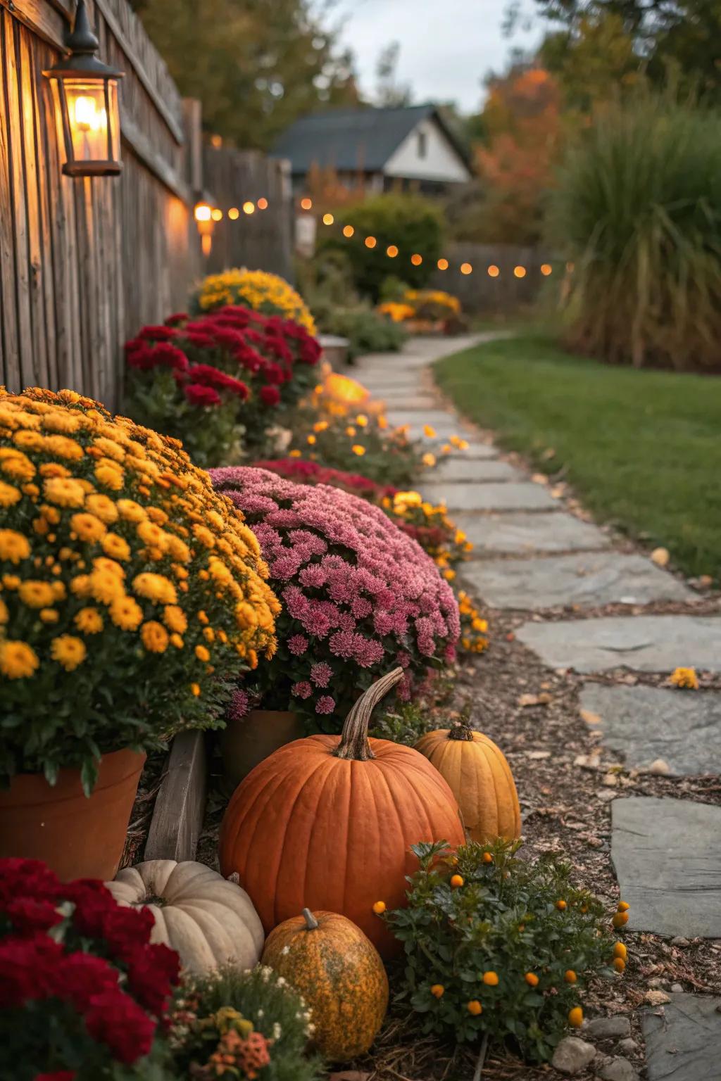 Enhance your flower bed with festive pumpkin accents.