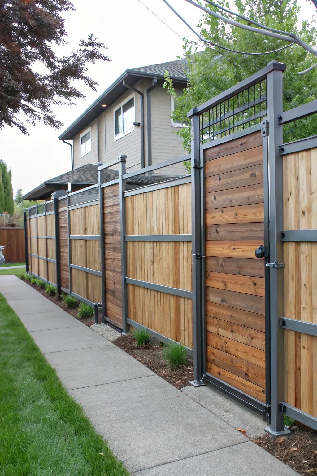 A beautiful blend of metal and wood for a sturdy yet stylish fence.