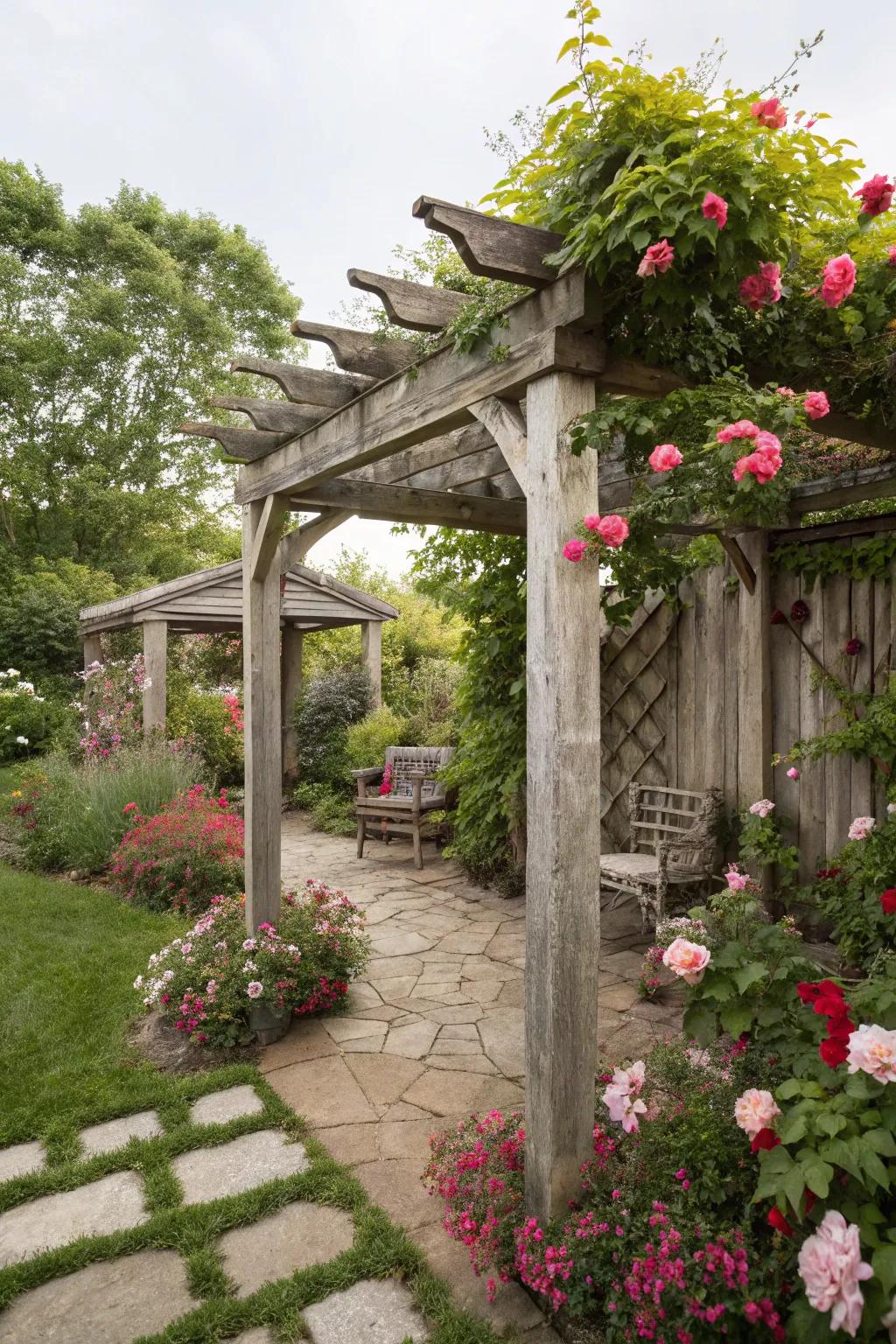 A rustic pergola offers a romantic retreat.