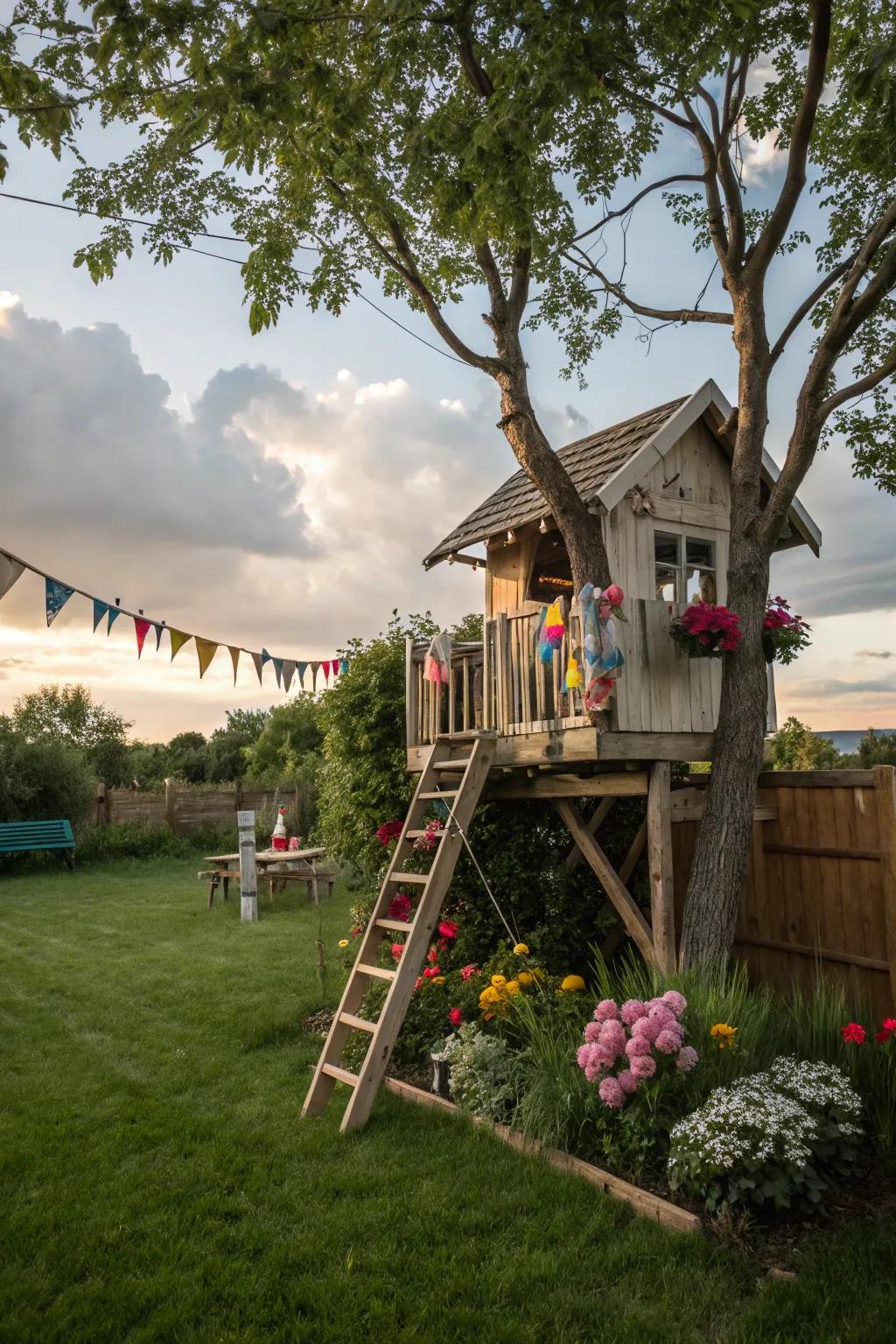 A treehouse invites imagination and adventure.