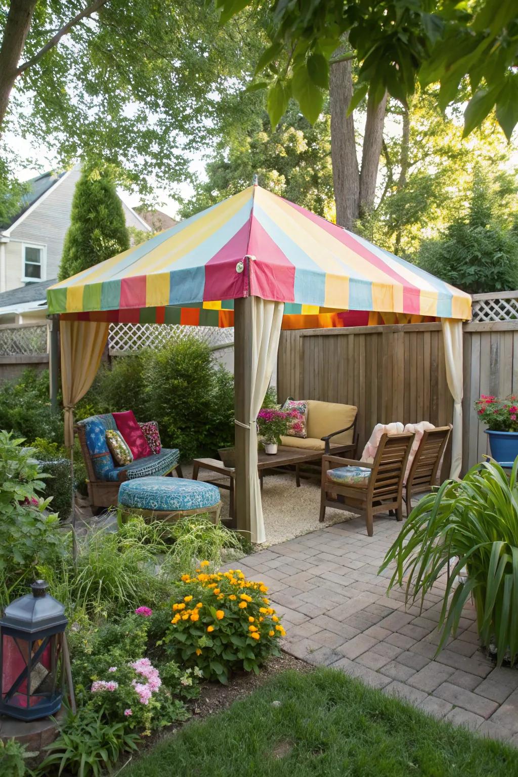 A colorful canopy tent offers shaded relaxation.