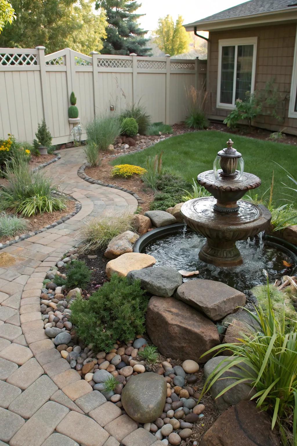A water feature adds tranquility and charm.