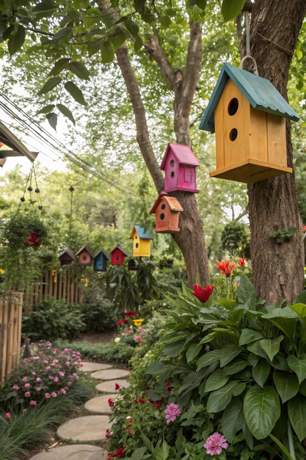 Birdhouses add charm and attract delightful visitors.