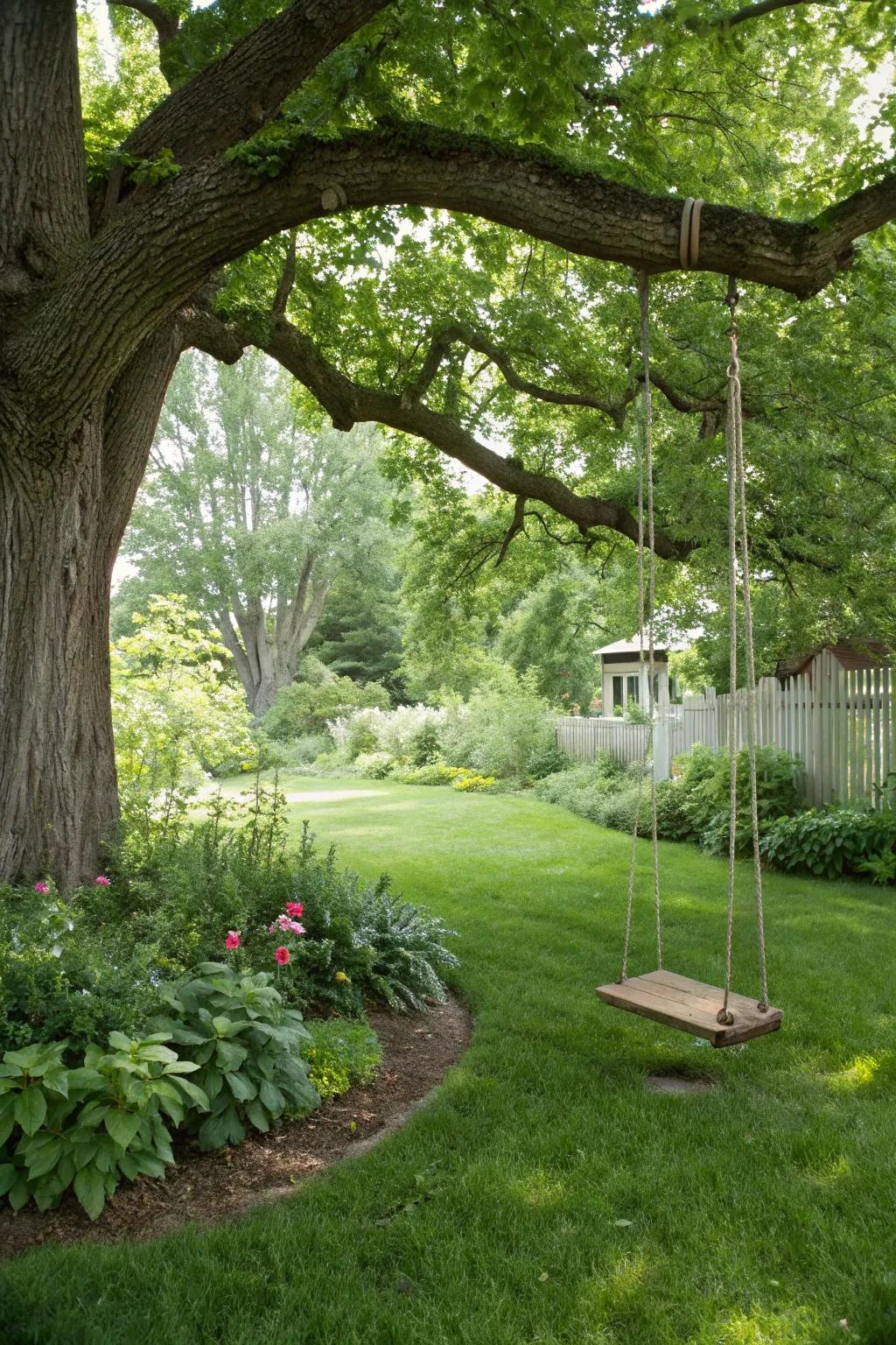 A tree swing adds a touch of whimsy and nostalgia.