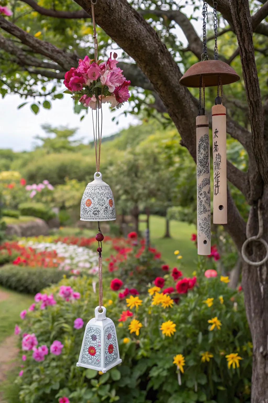 Wind chimes add a musical touch to your garden.