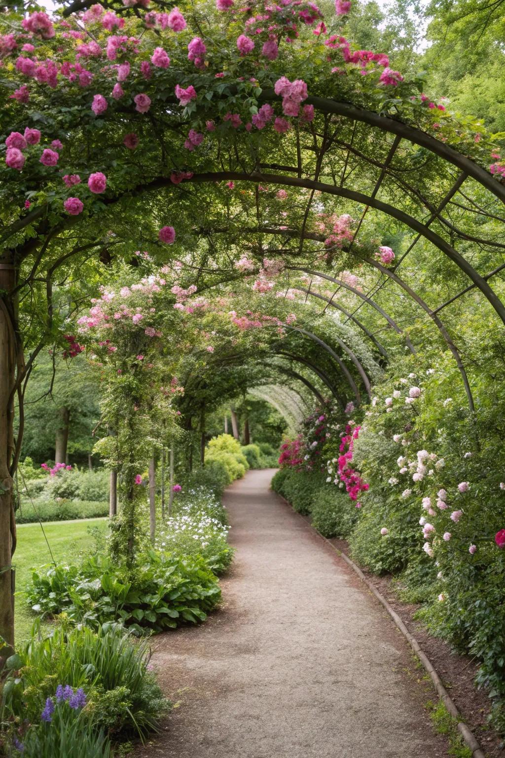 Flower arches create a dreamy garden entrance.