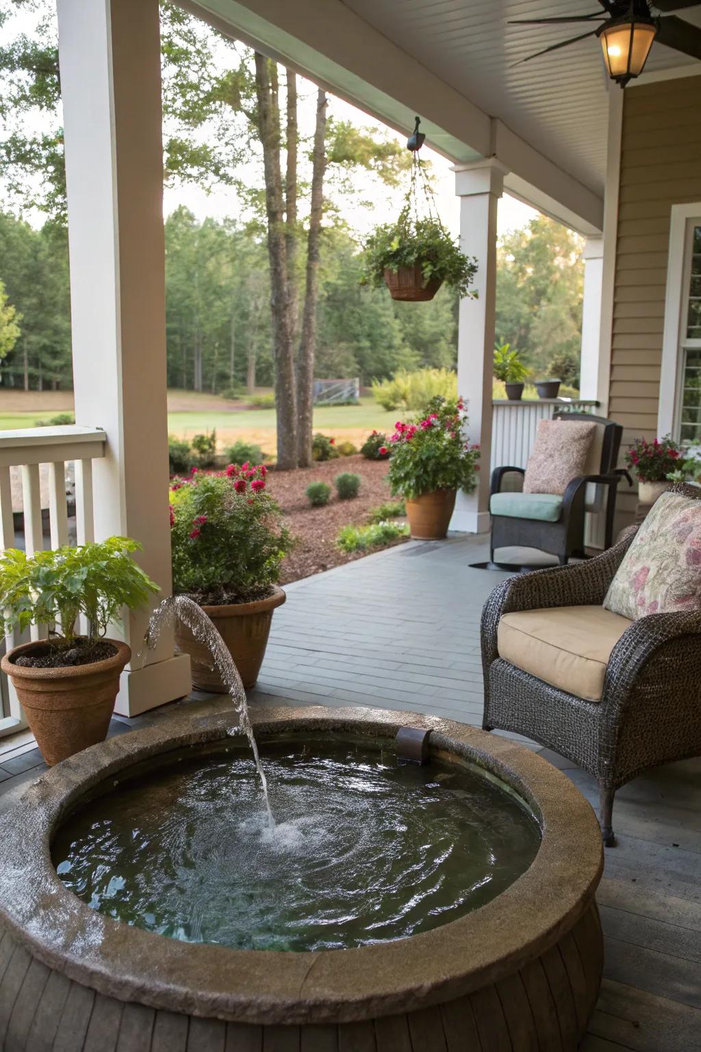 A water feature adds tranquility with its soothing sounds.