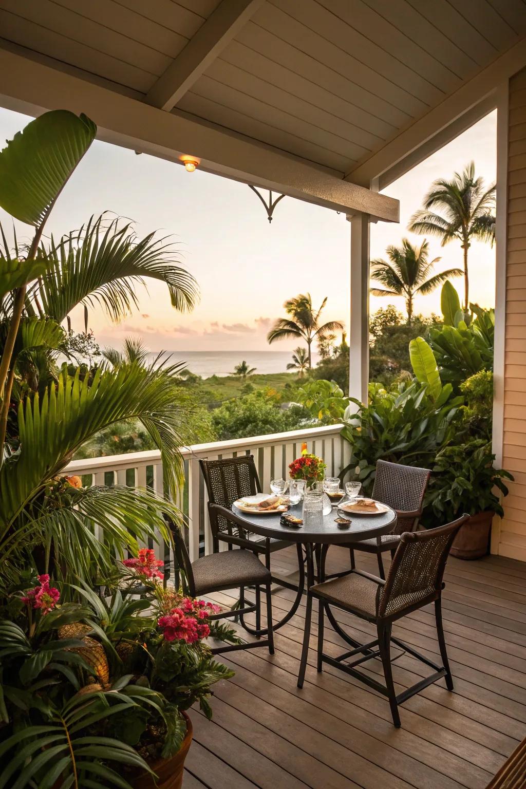 A cozy dining nook for enjoying meals in a lush setting.