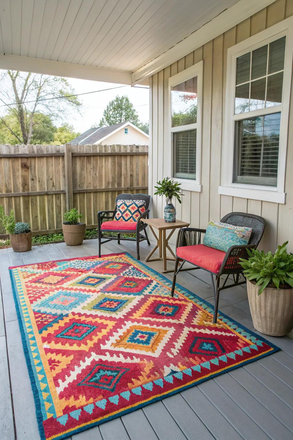 A bold rug ties the seating area together beautifully.