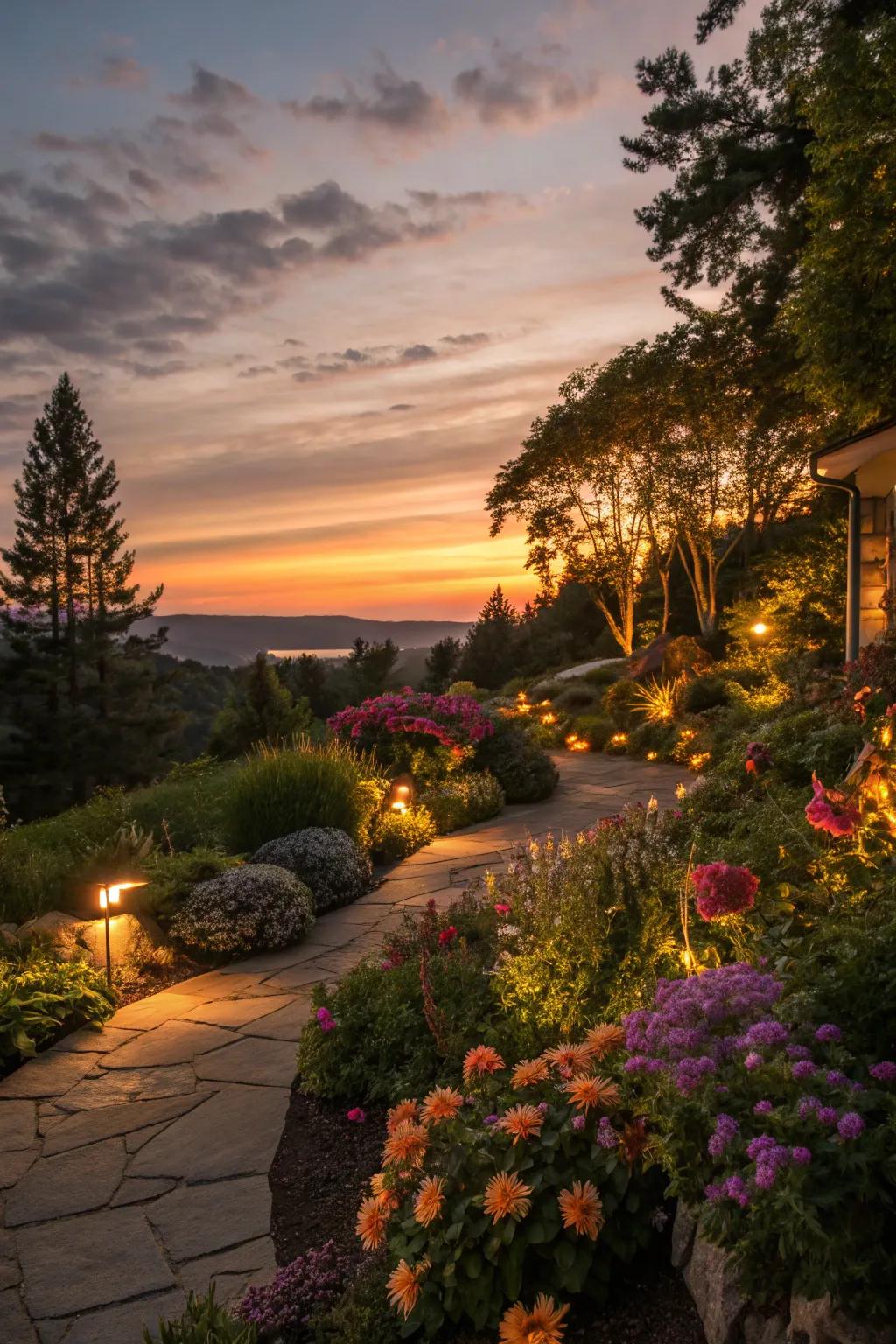 A garden illuminated with strategic lighting for evening drama.