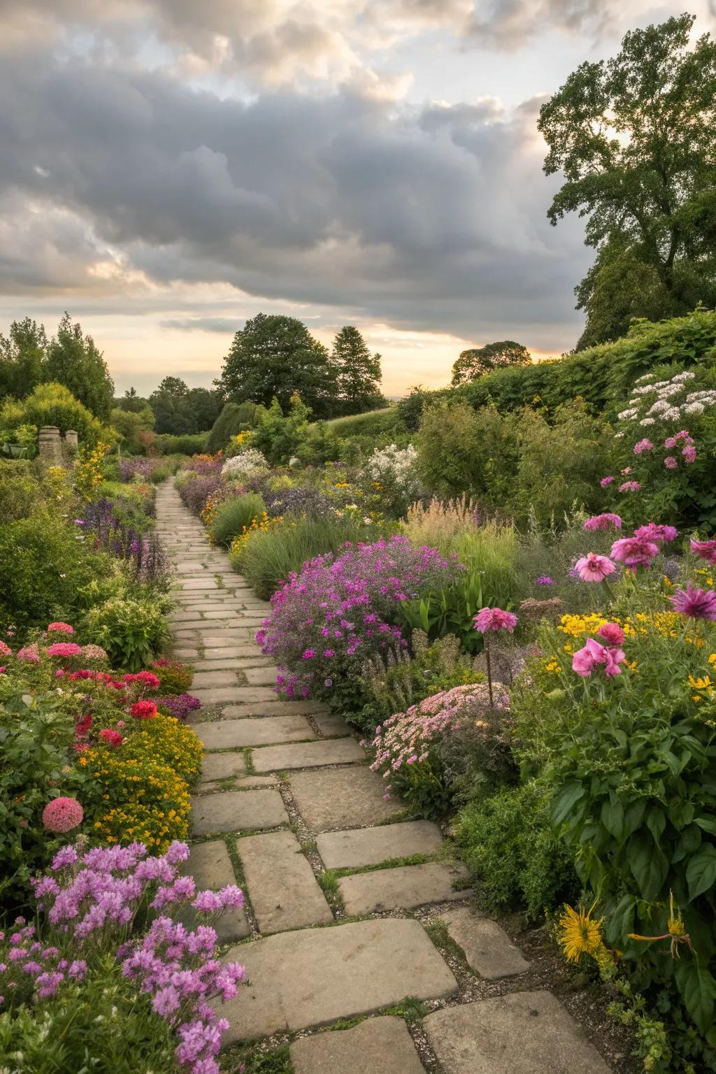 A charming stone pathway weaving through a garden.