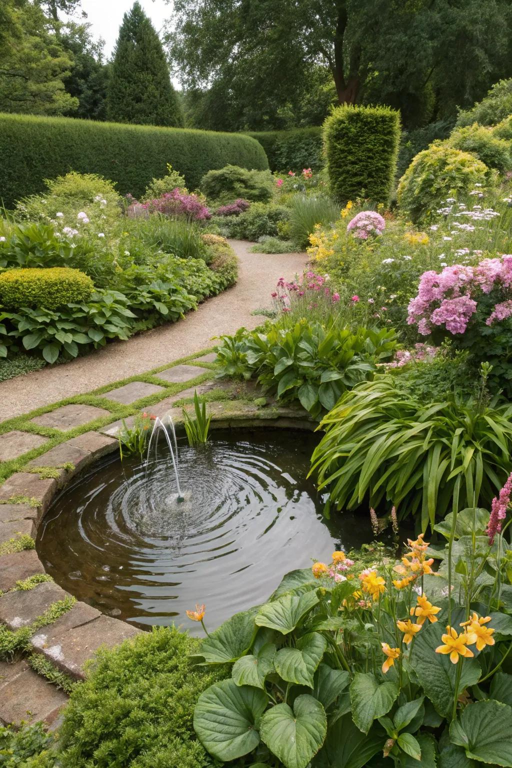 A garden with a serene water feature adding tranquility.