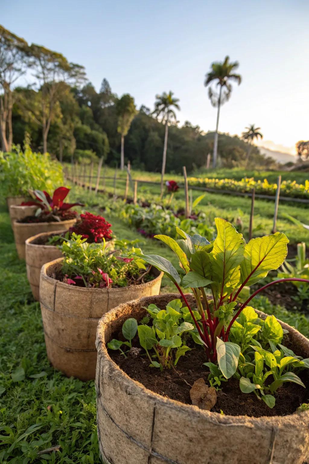 A garden featuring eco-friendly biodegradable plant pots.