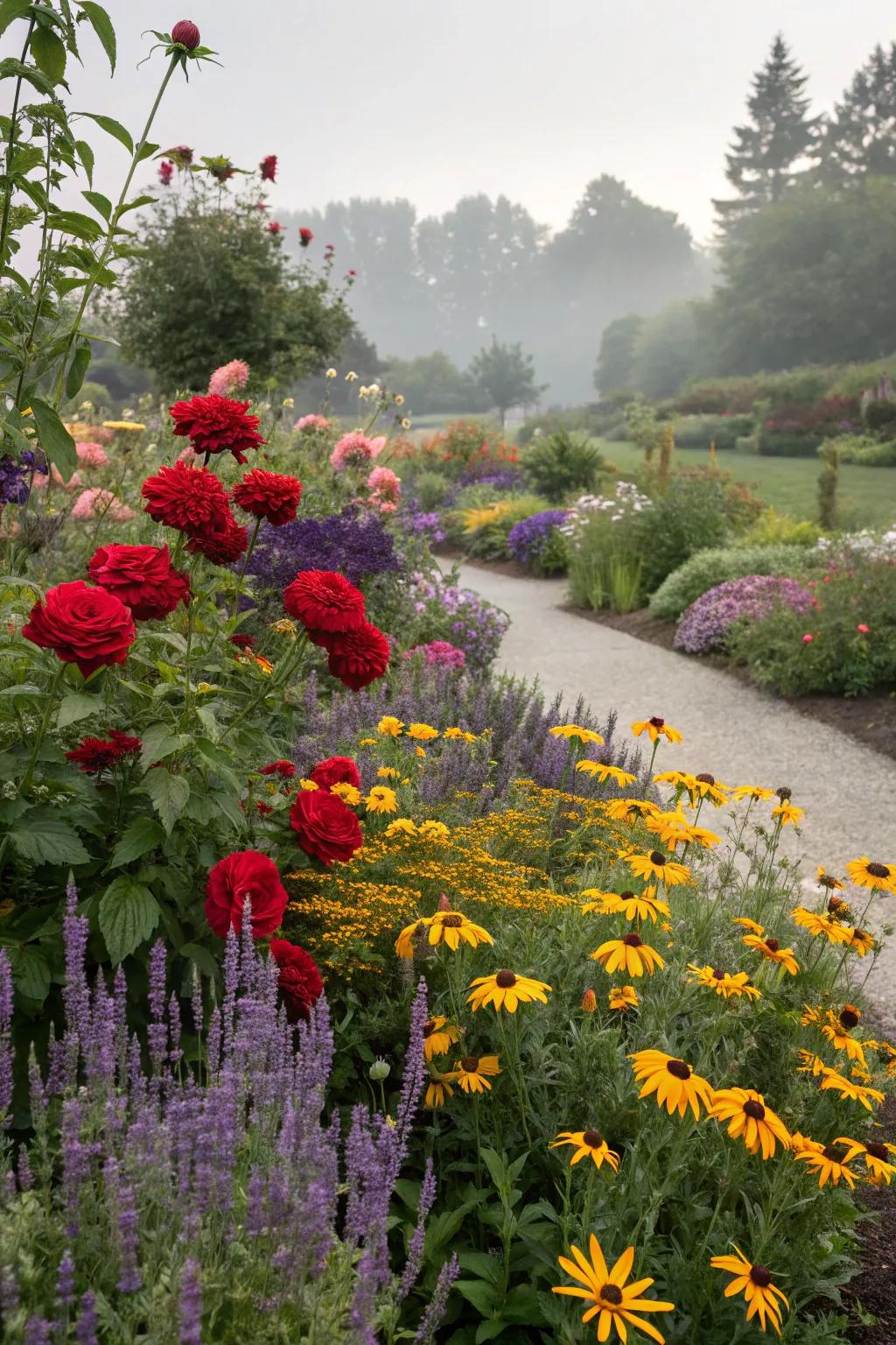 A garden with a harmonious blend of colorful perennials.