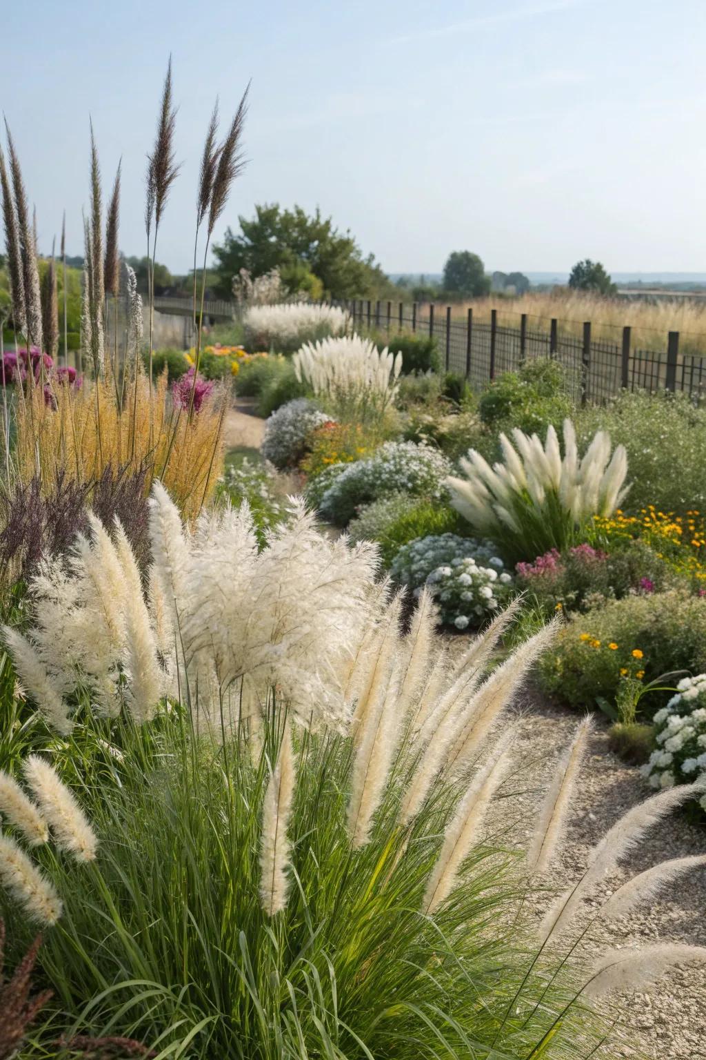 A garden mixing soft and spiky textures for depth.