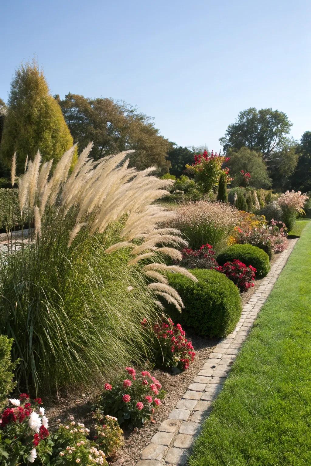 A garden with a striking ornamental grass focal point.