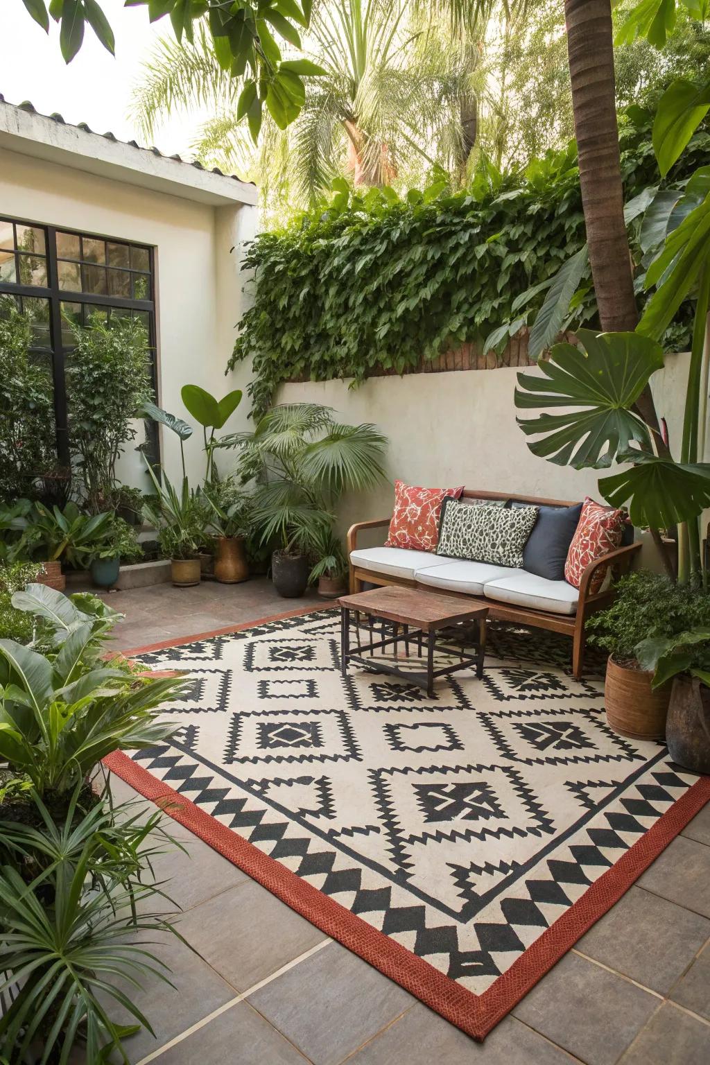 An outdoor rug that adds style and comfort to the patio.