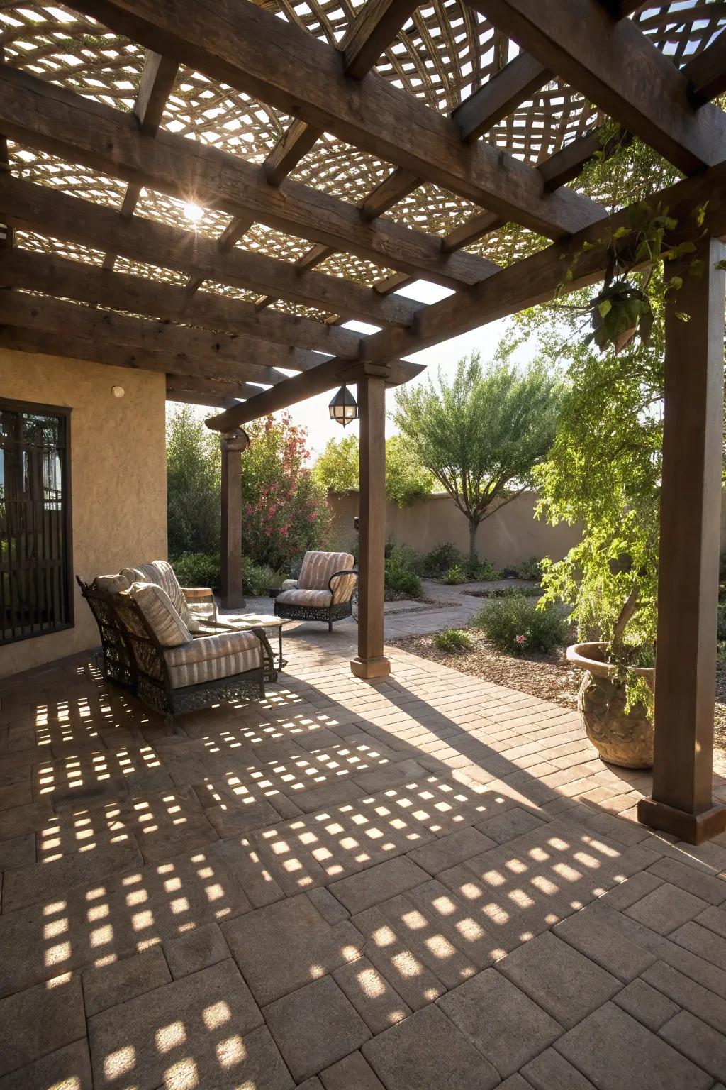 A pergola providing shade and style to the patio.