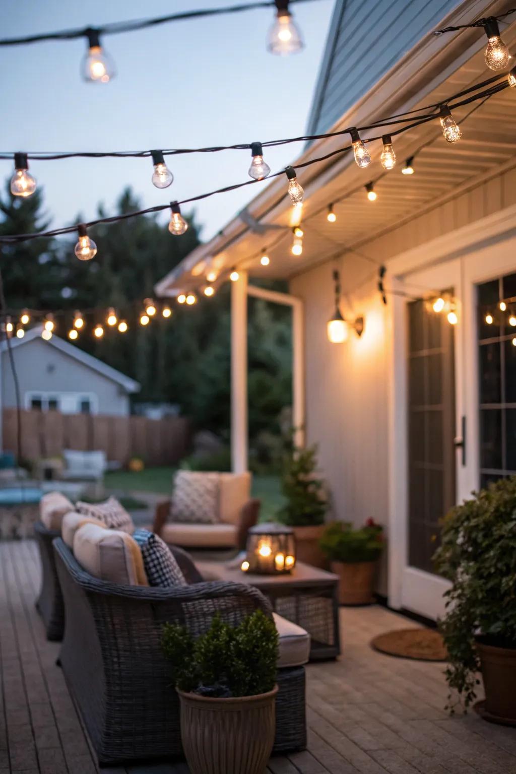 String lights casting a warm glow over a patio.