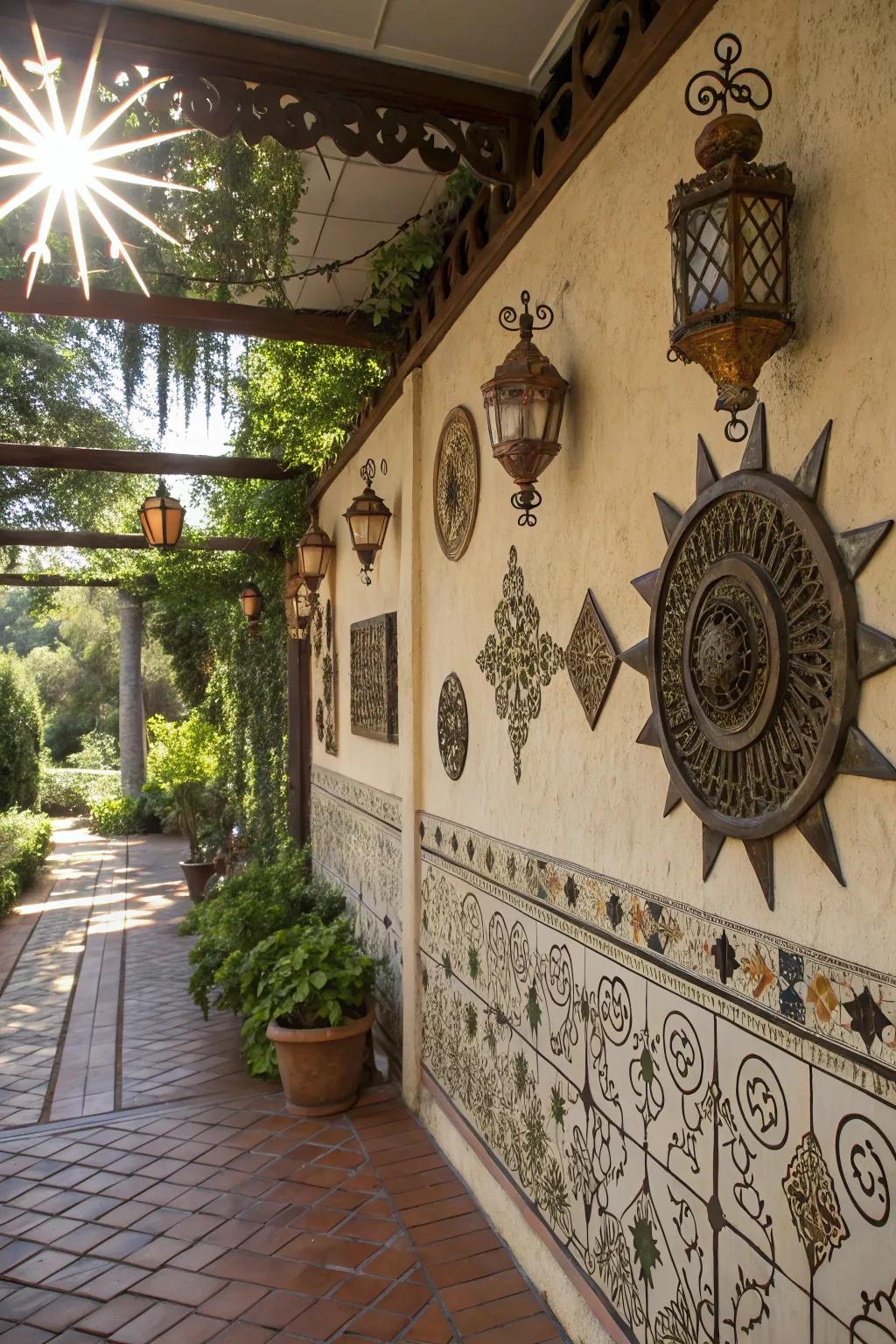 Decorative wall art adding personality to the patio.