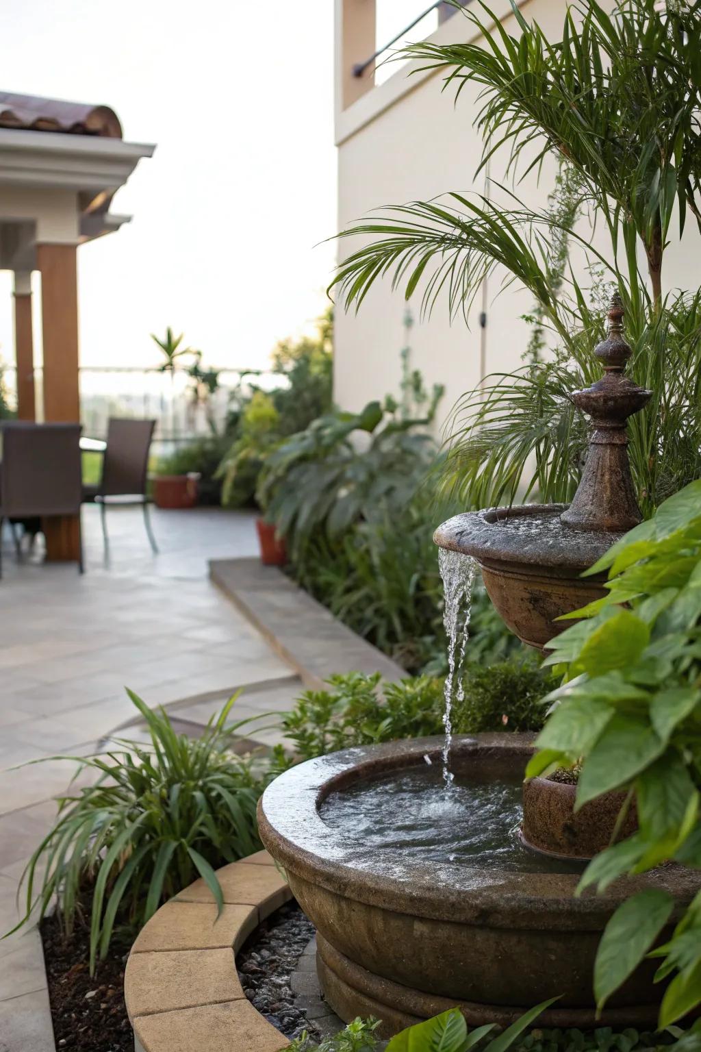 A water feature that enhances the tranquility of the patio.