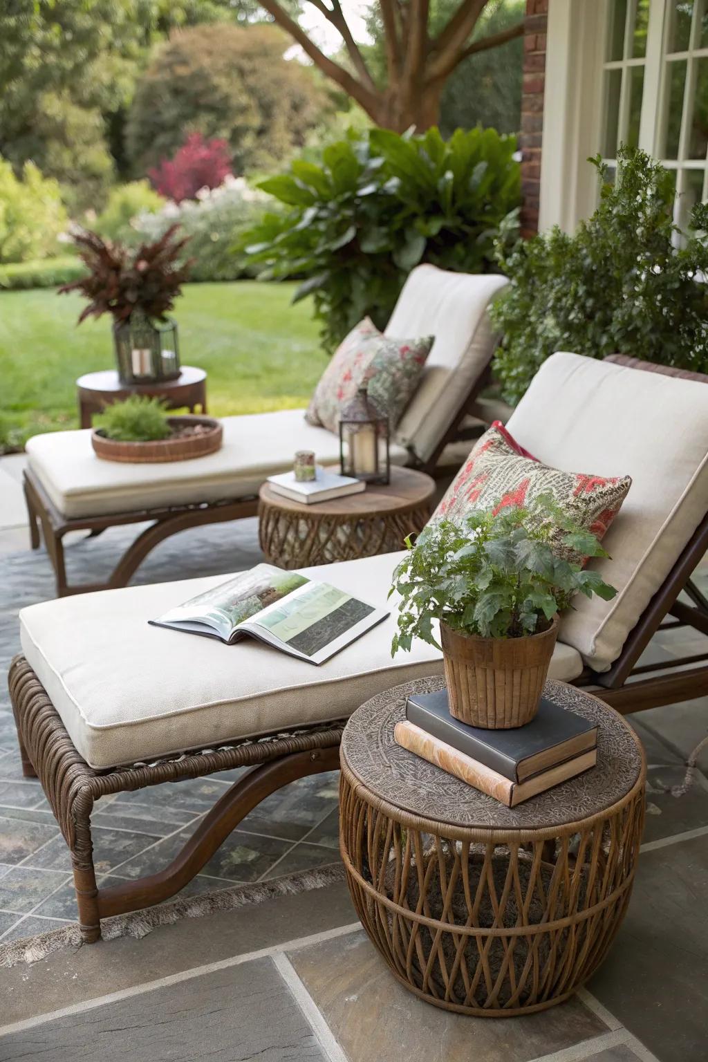 Accent tables adding functionality and charm to the patio.
