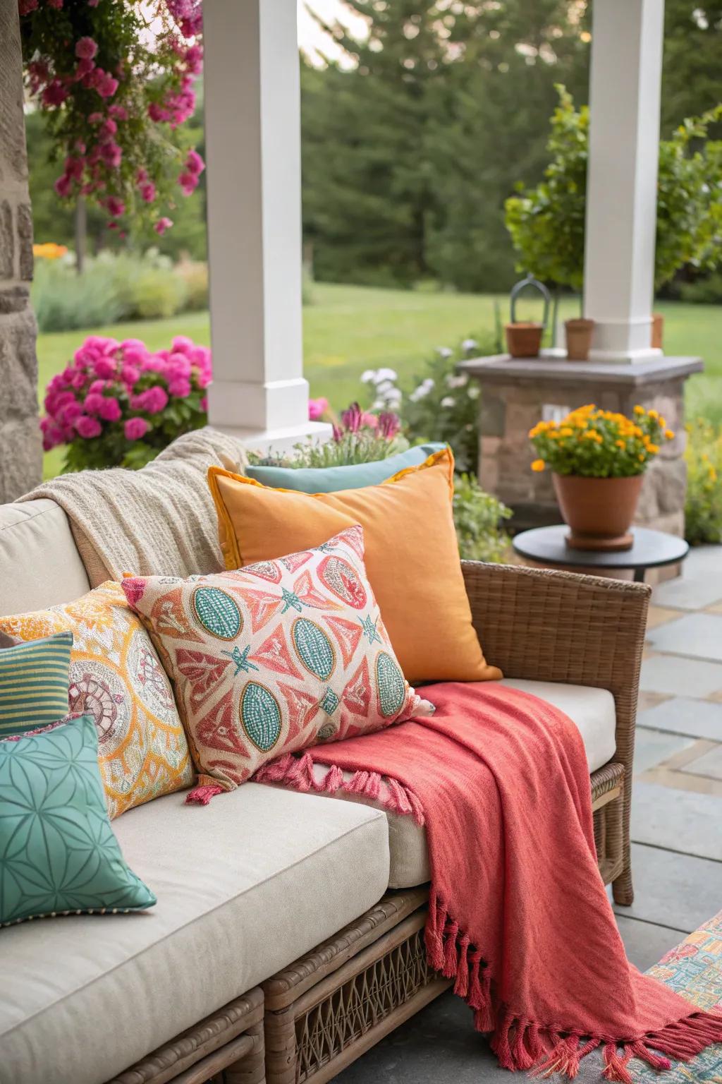Textiles and cushions that bring color and comfort to the patio.