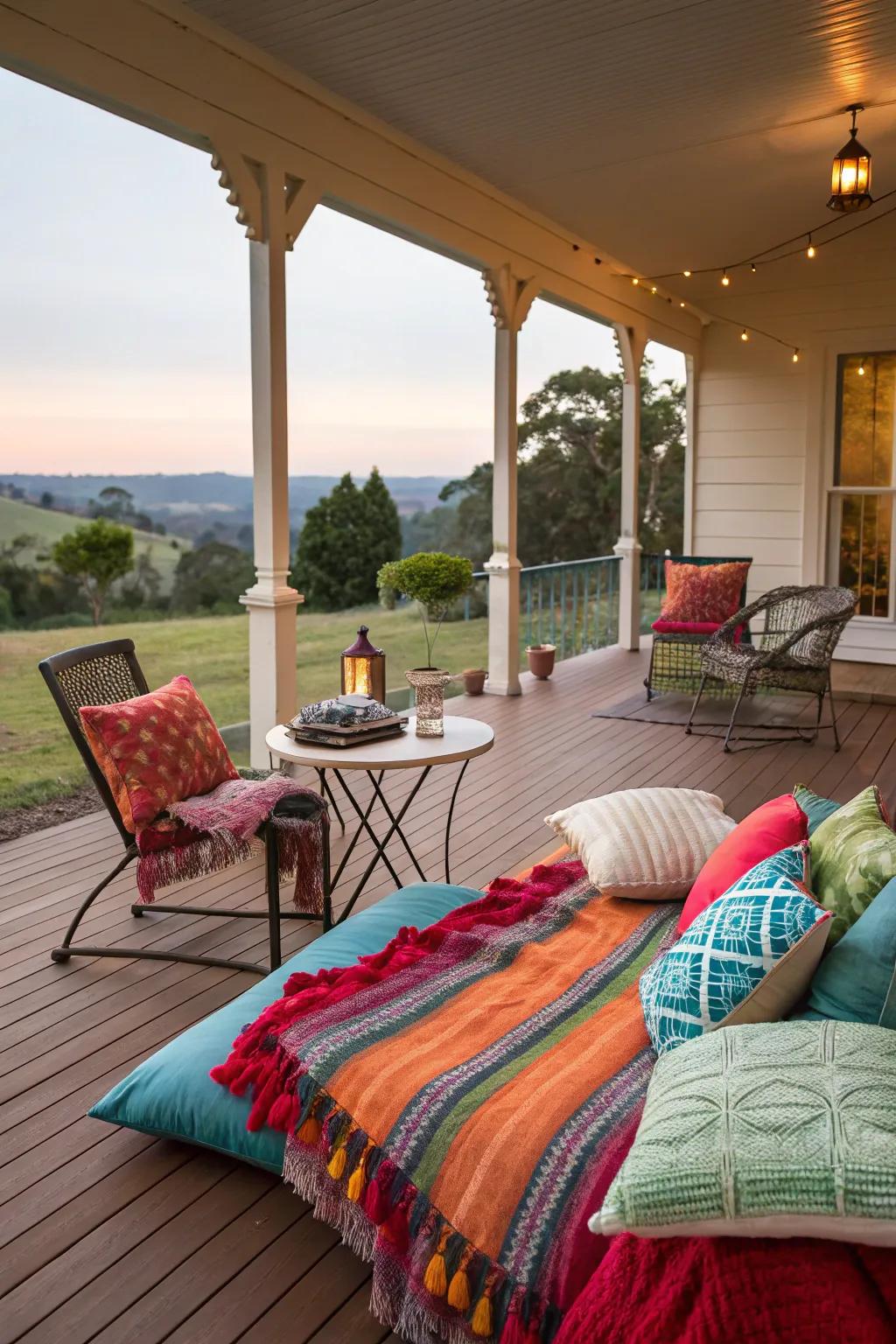 Cushions inject color and comfort into verandah seating.
