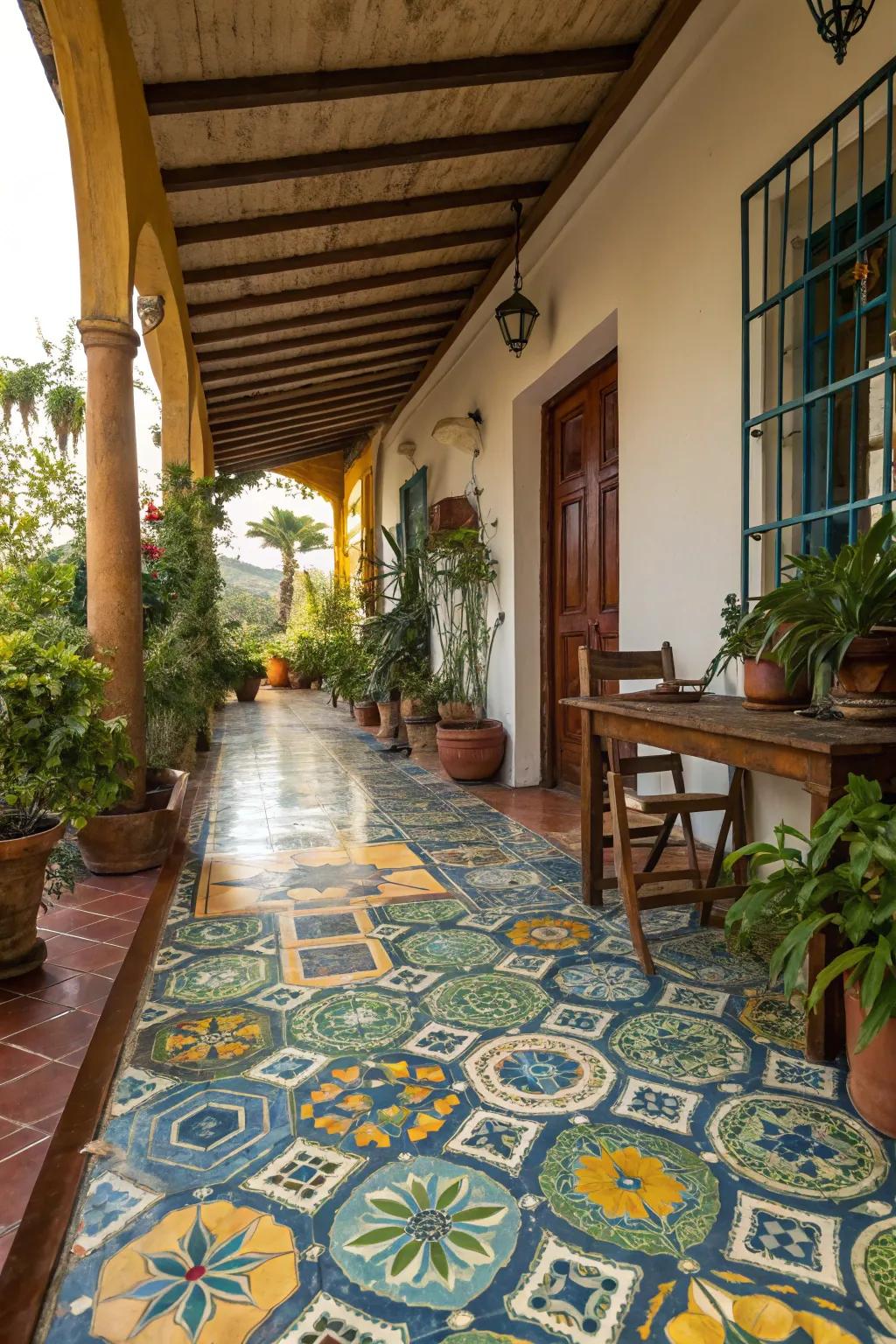 Mosaic tiles add color and character to verandah floors.